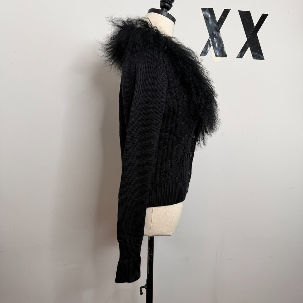 Japanese Real Tibetan Lamb Fur Trim Black Chunky Cable Knit Deep V Cardigan NWT - Picture 2 of 6